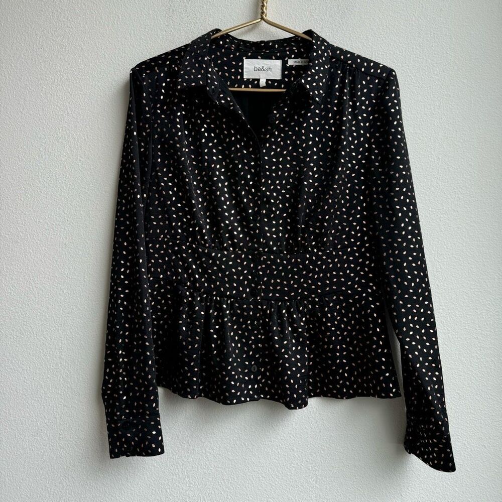 BA&SH Glorio Noir Lady Shirt Black Rose Pink Gold Peplum Feminine Size Medium